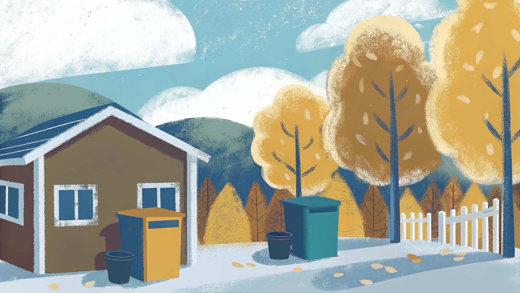 Illustrasjon av et norsk nabolag med fargerike avfallsbeholdere